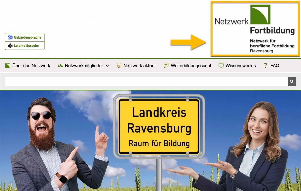 Bildschirmfoto von der Startseite. Das Logo ist mit einem orangenen Rahmen markiert. Ein Pfeil zeigt darauf.