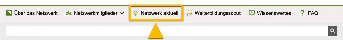 Bildschirmfoto Haupt-Bereich. Der Haupt-Bereich "Netzwerk aktuell" ist mit einem orangenen Rahmen markiert. Ein Pfeil zeigt darauf.
