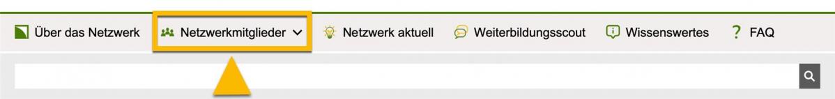 Bildschirmfoto Haupt-Bereich. Der Haupt-Bereich "Netzwerk-Mitglieder" ist mit einem orangenen Rahmen markiert. Ein Pfeil zeigt darauf.
