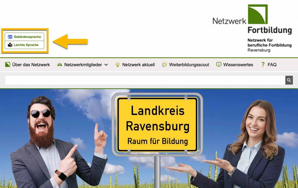 Bildschirmfoto von der Startseite. Das Feld mit Gebärden-Sprache und Leichter Sprache ist mit einem orangenen Rahmen markiert. Ein Pfeil zeigt darauf.