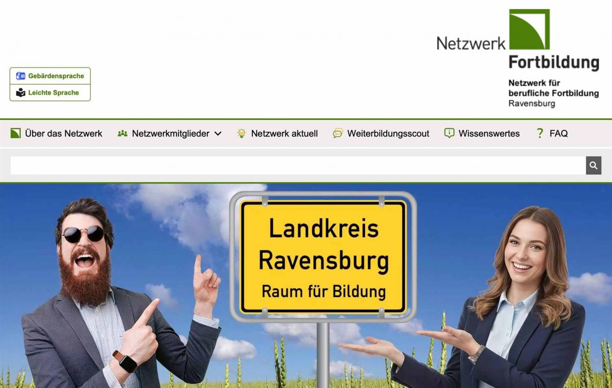 Bildschirmfoto von der Startseite von der Internetseite vom Netzwerk Fortbildung Ravensburg.