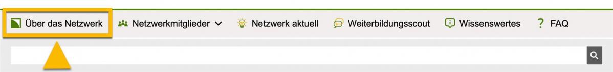 Bildschirmfoto Haupt-Bereich. Der Haupt-Bereich "Über das Netzwerk" ist mit einem orangenen Rahmen markiert. Ein Pfeil zeigt darauf.