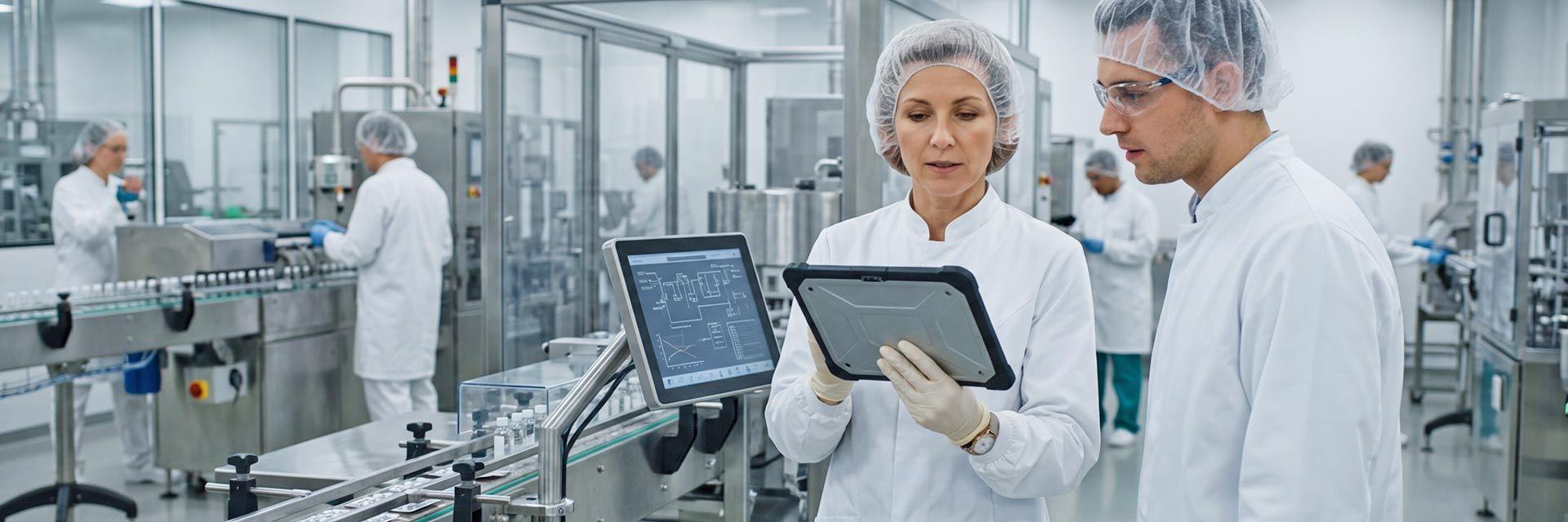 Frau und Mann schauen auf ein Tablet in pharmazeutischer Arbeitsumgebung