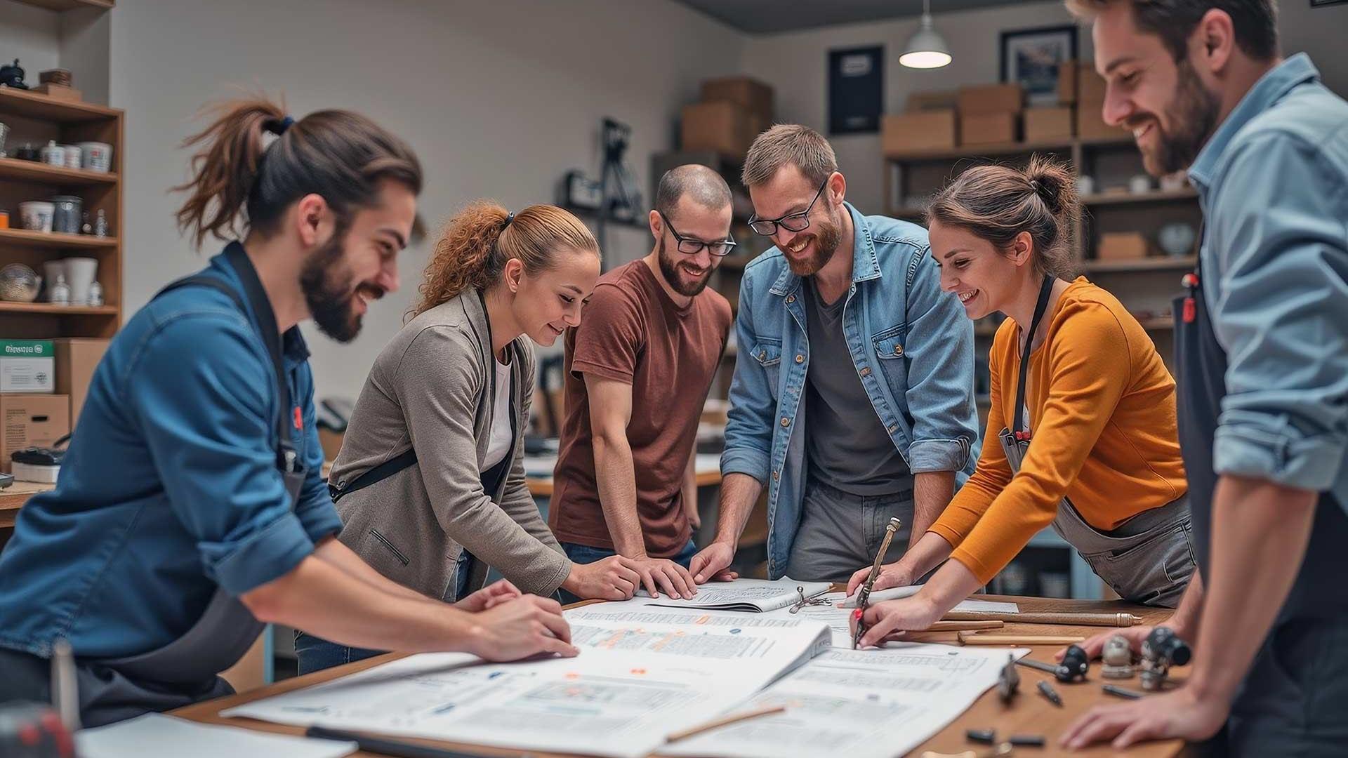 Das Bild zeigt eine freundliche Gruppe von Mitarbeitenden, die gemeinsam an einem Projekt arbeiten, und steht für eine gelungene Mitarbeiterbindung
