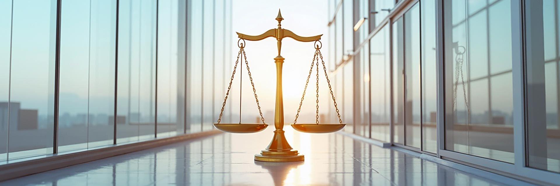 Das Bild zeigt eine neutrale Waage vor einem modernen Gebäude und symbolisiert Fairness in der Unternehmenskultur