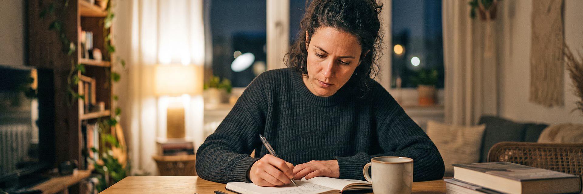 Weiterbildung neben dem Job: konzentriertes Lernen am Abend nach der Arbeit